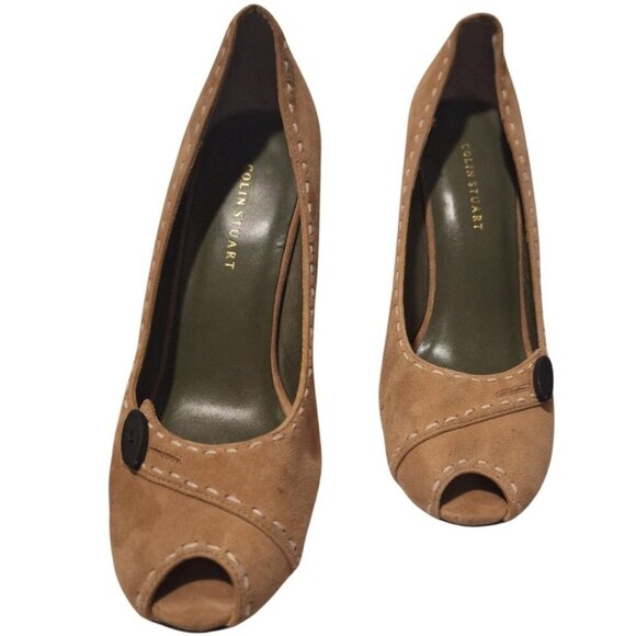 Vintage Colin Stuart Brown Suede Peep Toe Heels 7.5 Chunky Office Retro Academia - Picture 11 of 11